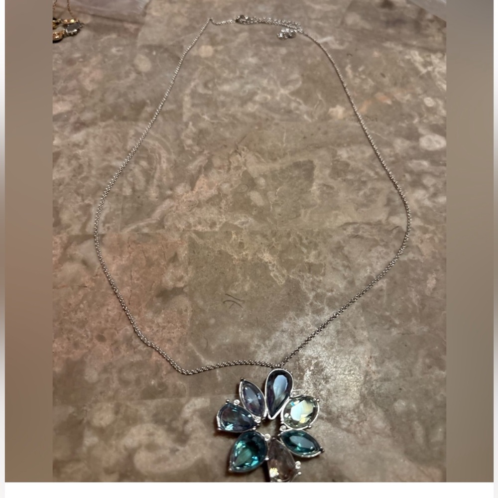 Swarovski Silver Necklace with Blue and Clear Crystal Flower - Picture 2 of 7